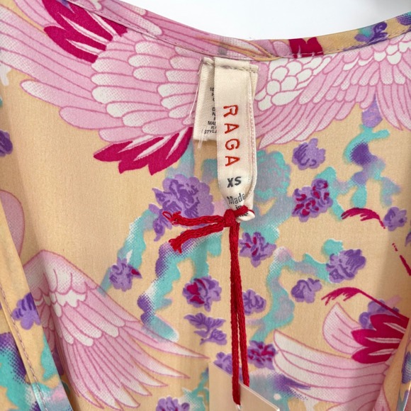 NWT Raga Pink Bird Floral Print Cold Shoulder Mini Dress Sz XS Ties Tassels Boho - Picture 3 of 15